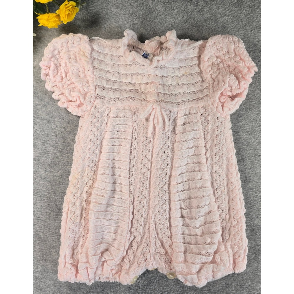 Vintage 80s Baby Girl Pink Knit Romper Portugal Pointelle Bubble One Piece 0-6M